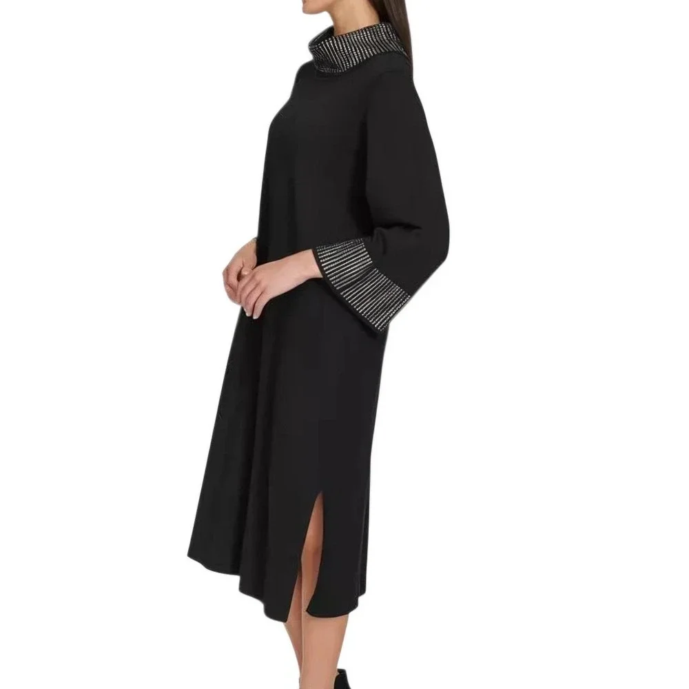 Calvin Klein‎ Women Black Mock Neck Embellished Sheath Dress Long Sleeve S